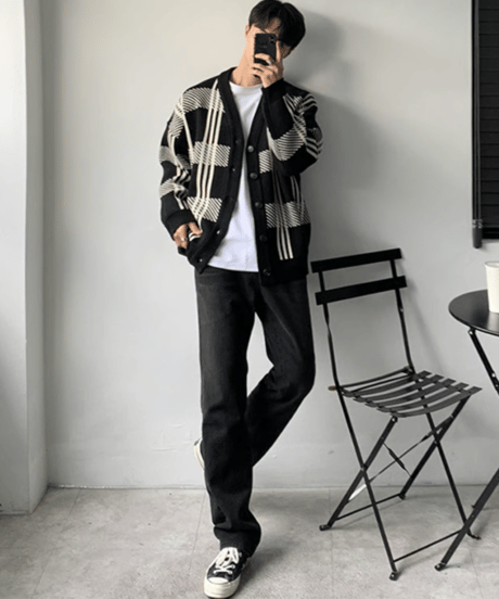 oversized plaid knit cardigan black　NL2161