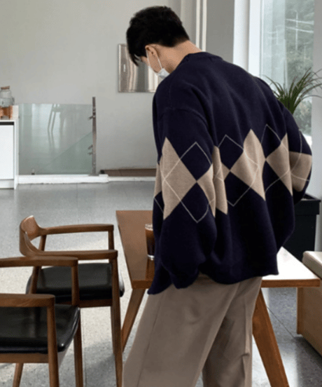 retro argyle oversize cardigan/2color　NL2133