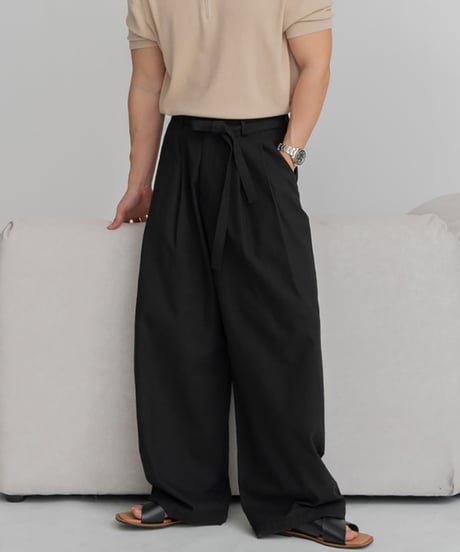 belted wide leg linen relaxed trousers /3color　NL2154
