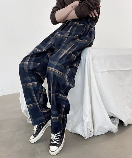 navy check belted wide pants　NL2049