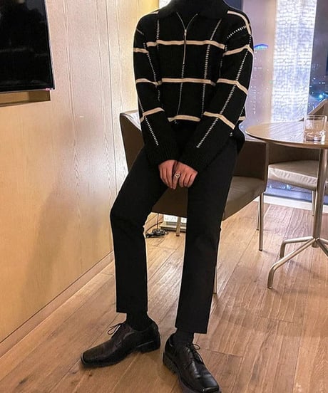 check pattern half zip polo knit sweater /2color　NL2064