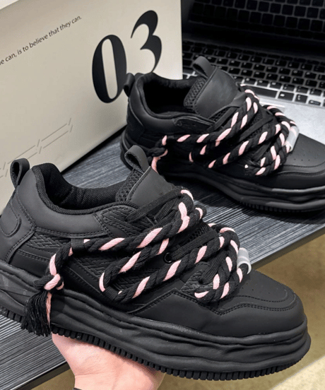 black and white chunky sneakers with rope laces /4color　NL2364