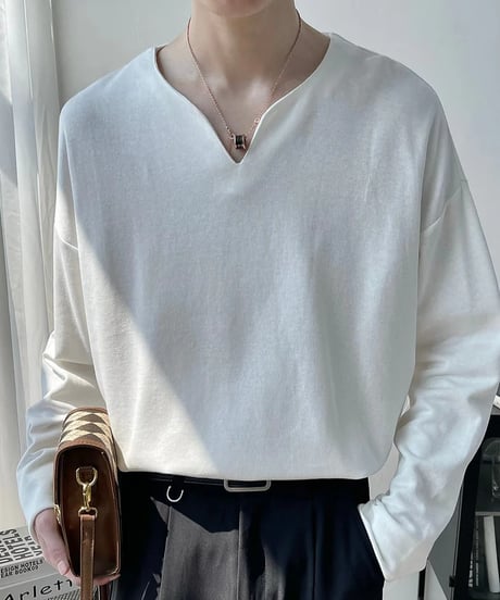 minimal deep v neck long sleeve t-shirt /2color　NL2066