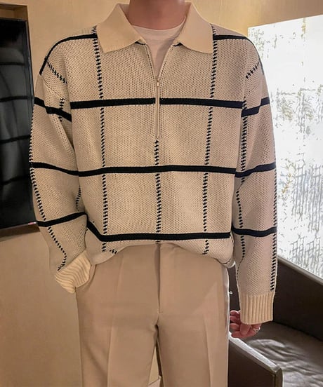 check pattern half zip polo knit sweater /2color　NL2064