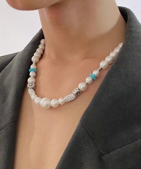 retro mixed pearl and turquoise charm necklace　NL2255