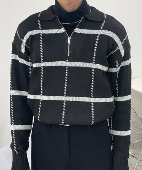 check pattern half zip polo knit sweater /2color　NL2064