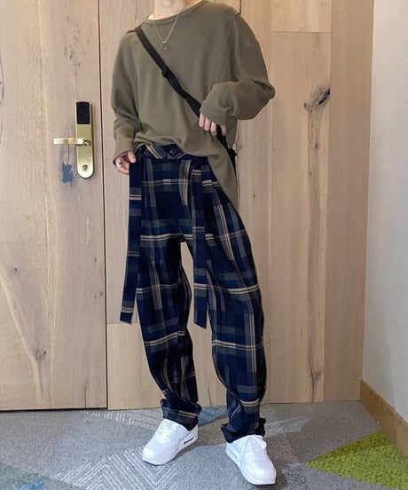 navy check belted wide pants　NL2049