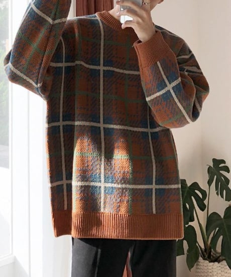 modern check crewneck knit sweater　NL2316