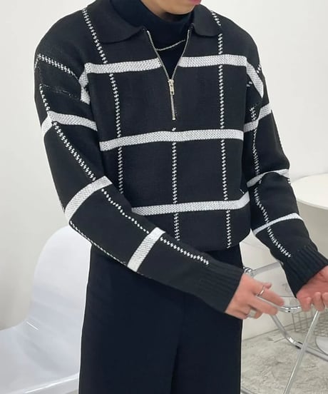 check pattern half zip polo knit sweater /2color　NL2064
