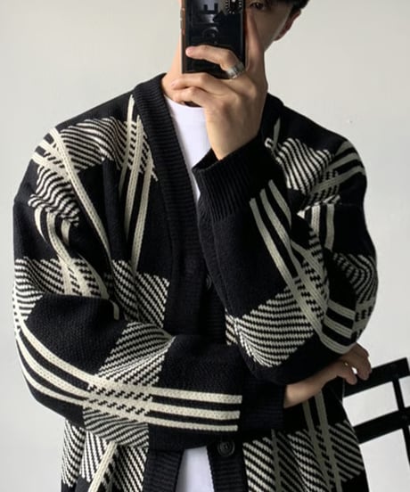 oversized plaid knit cardigan black　NL2161