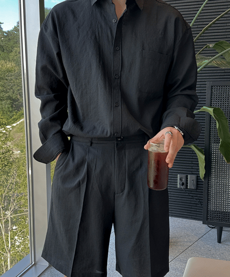 relaxed linen blend black shirt　NL2128