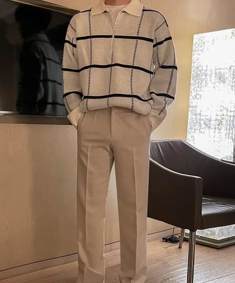 check pattern half zip polo knit sweater /2color　NL2064