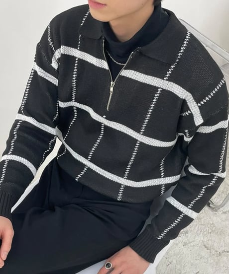 check pattern half zip polo knit sweater /2color　NL2064