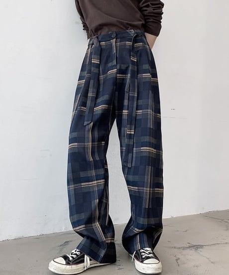 navy check belted wide pants　NL2049