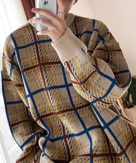 modern check crewneck knit sweater　NL2316