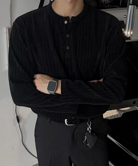 corduroy ribbed henley neck shirt /4color　NL2087