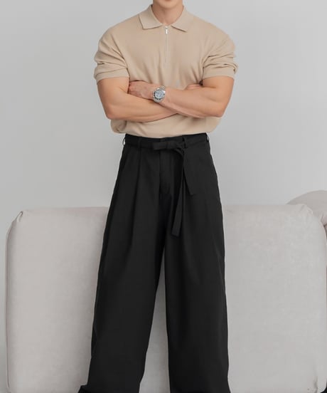 belted wide leg linen relaxed trousers /3color　NL2154