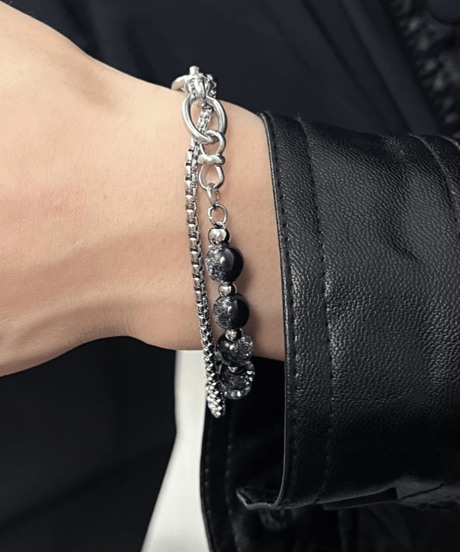 layered bead and silver box chain bracelet　NL2223