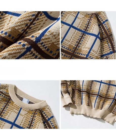 modern check crewneck knit sweater　NL2316