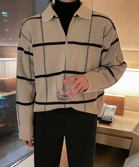 check pattern half zip polo knit sweater /2color　NL2064
