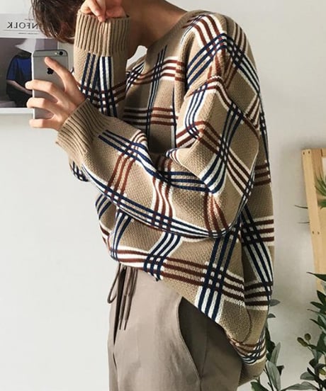 classic plaid crewneck loose sweater　NL2103