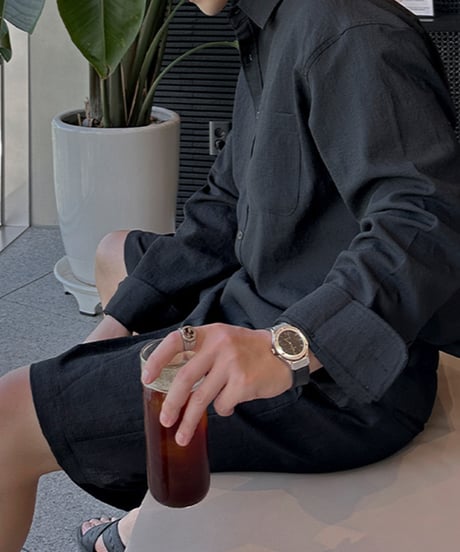 relaxed linen blend black shirt　NL2128