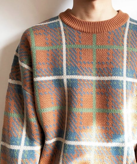 modern check crewneck knit sweater　NL2316