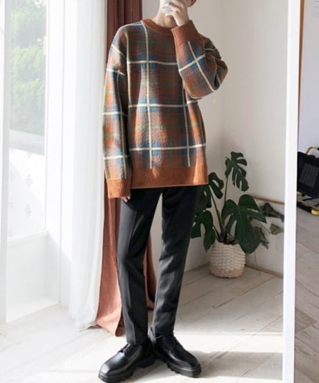 modern check crewneck knit sweater　NL2316