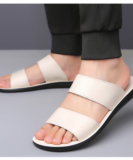 men's double strap leather slide sandals /3color　NL2385
