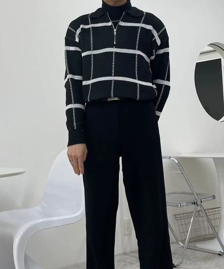 check pattern half zip polo knit sweater /2color　NL2064