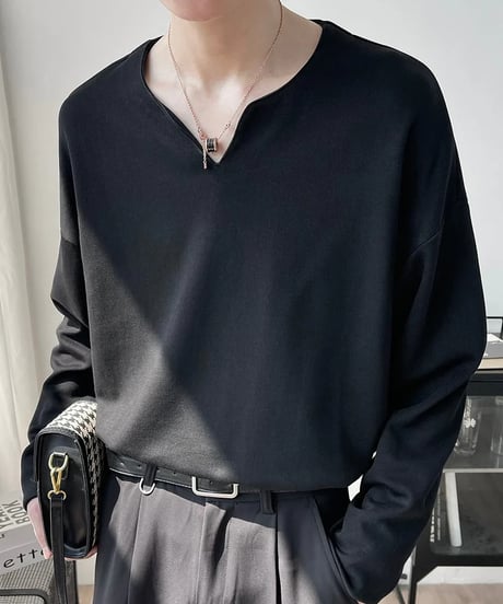 minimal deep v neck long sleeve t-shirt /2color　NL2066