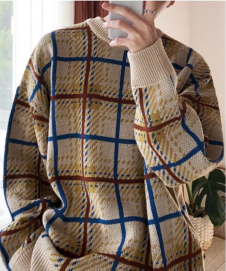 modern check crewneck knit sweater　NL2316