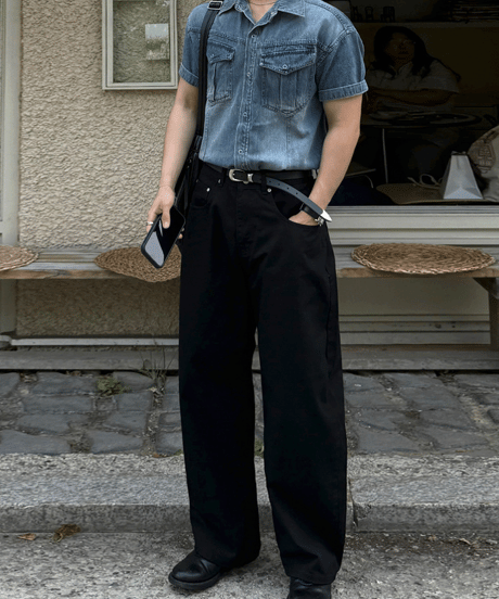 wide silhouette black denim pants　NL2409