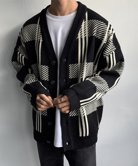 oversized plaid knit cardigan black　NL2161