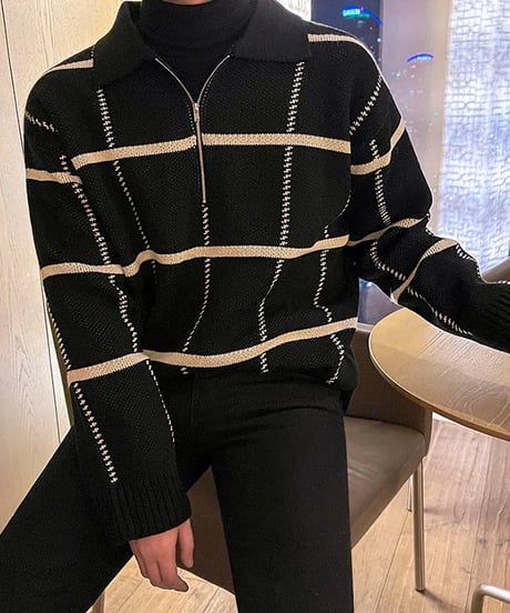 check pattern half zip polo knit sweater /2color　NL2064