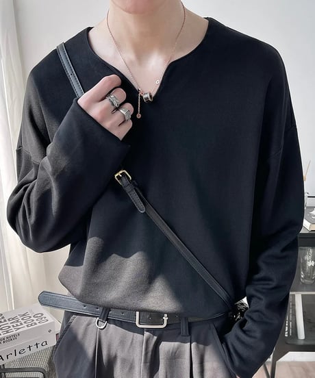 minimal deep v neck long sleeve t-shirt /2color　NL2066