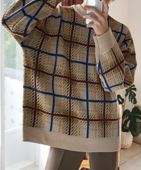 modern check crewneck knit sweater　NL2316