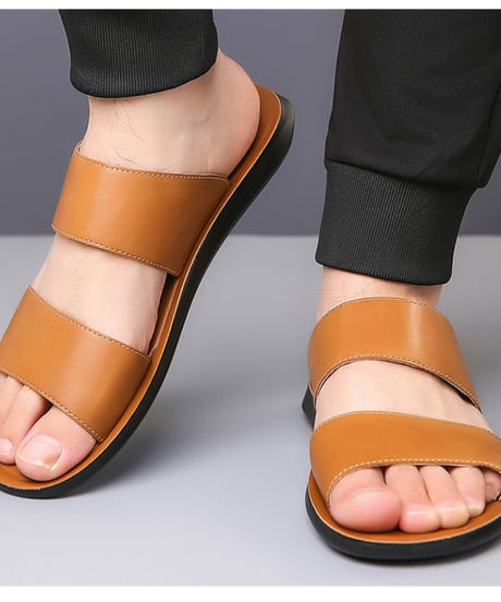 men's double strap leather slide sandals /3color　NL2385