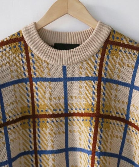 modern check crewneck knit sweater　NL2316