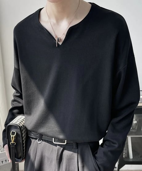 minimal deep v neck long sleeve t-shirt /2color　NL2066