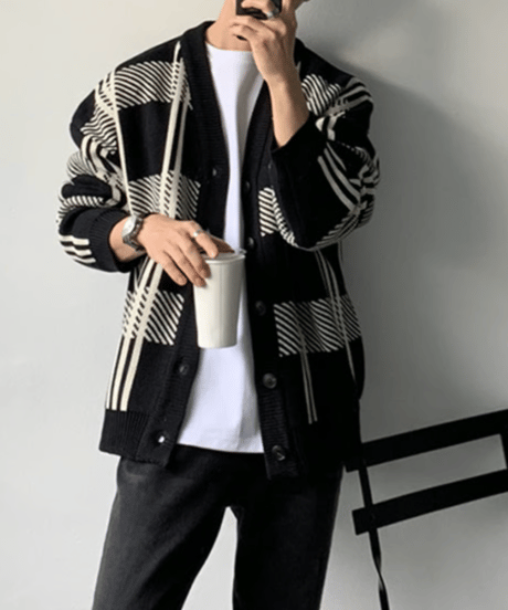 oversized plaid knit cardigan black　NL2161