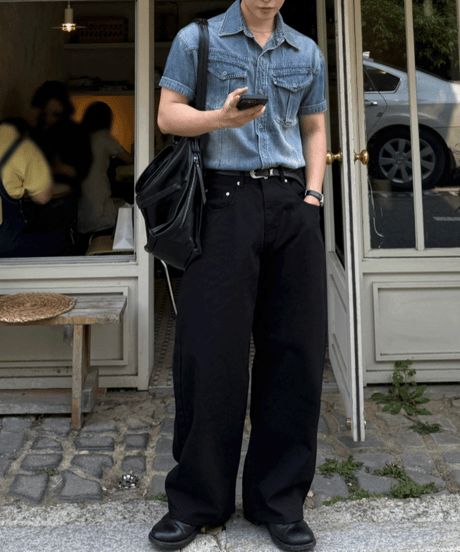 wide silhouette black denim pants　NL2409