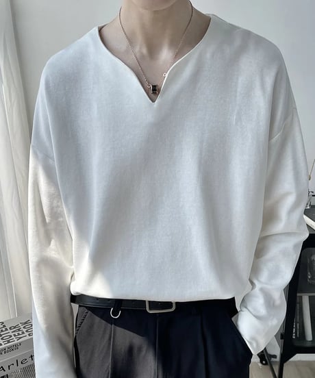 minimal deep v neck long sleeve t-shirt /2color　NL2066