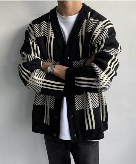 oversized plaid knit cardigan black　NL2161