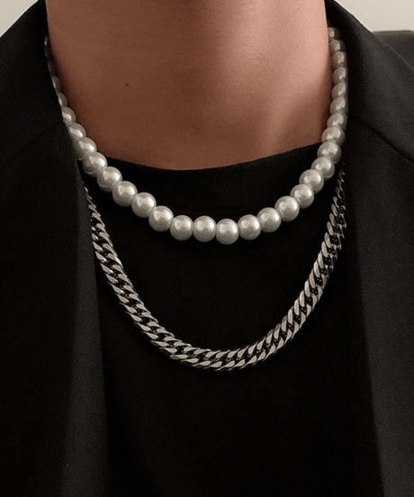double strand pearl and curb chain necklace　NL2185