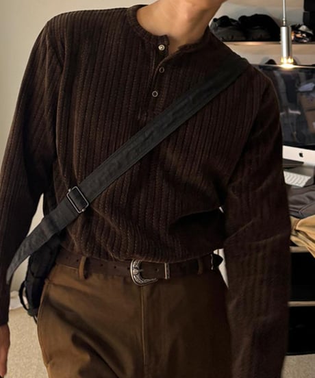 corduroy ribbed henley neck shirt /4color　NL2087