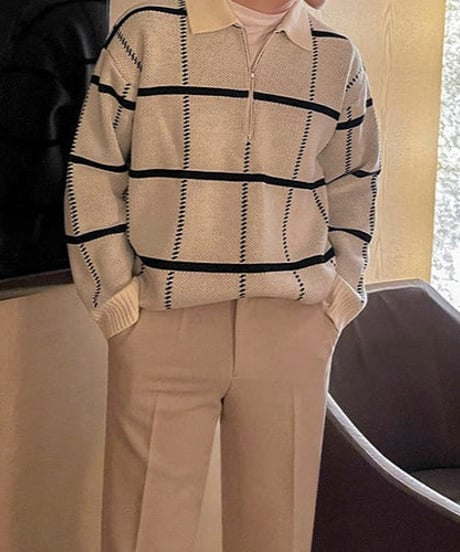 check pattern half zip polo knit sweater /2color　NL2064
