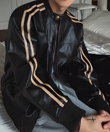 retro stripe faux leather cafe racer jacket /2color　NL2170