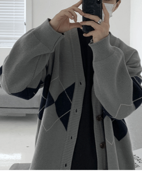 retro argyle oversize cardigan/2color　NL2133