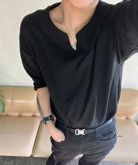 minimal deep v neck long sleeve t-shirt /2color　NL2066
